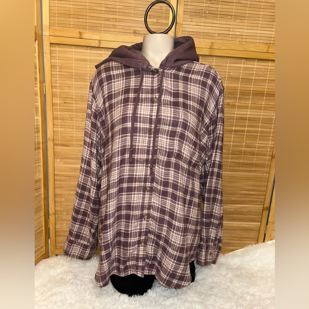 American Eagle purple cream plaid hoodie button-down flannel shirt top woman’s L